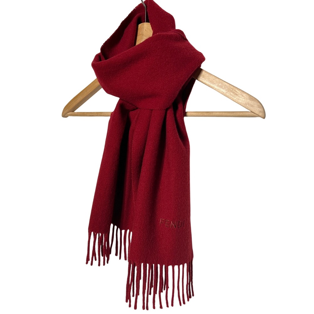 Fendi Red Scarf Fringe Logo Detail Women's Luxury Accessory 12" Wide 52" Long